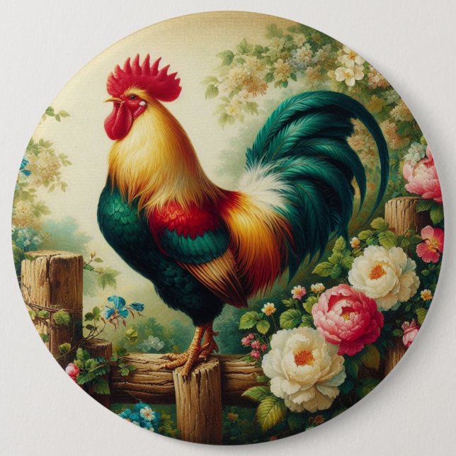 Cute rustic/vintage rooster 6 cm round badge (Front)