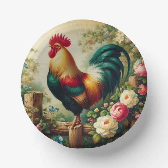 Cute rustic/vintage rooster paper plate (Front)