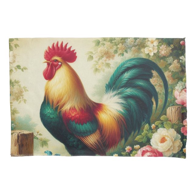 Cute rustic/vintage rooster pillowcase (Front)