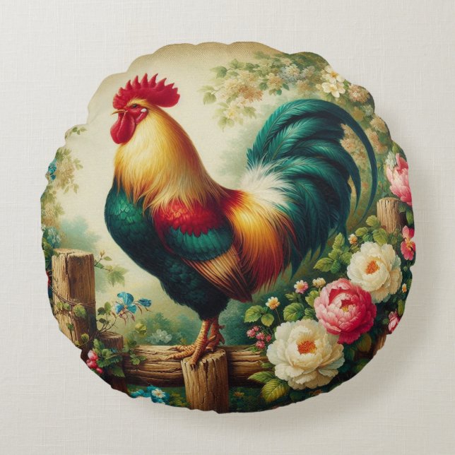 Cute rustic/vintage rooster round cushion (Front)