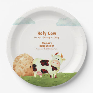 Cute Rustic Watercolor Holy Cow Farm Baby Shower  Paper Plate