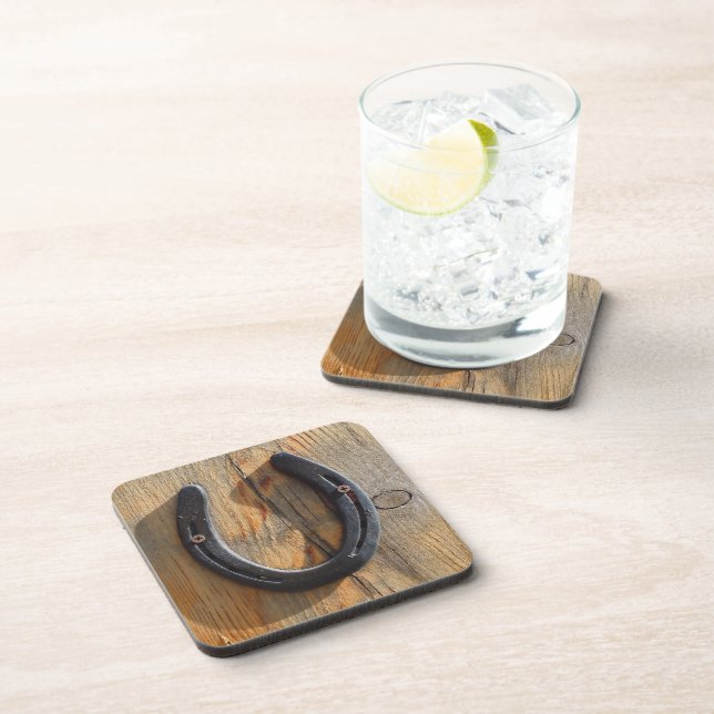 Cute Rustic Western Good Luck Horseshoe Wood Look Coaster (Right Side)