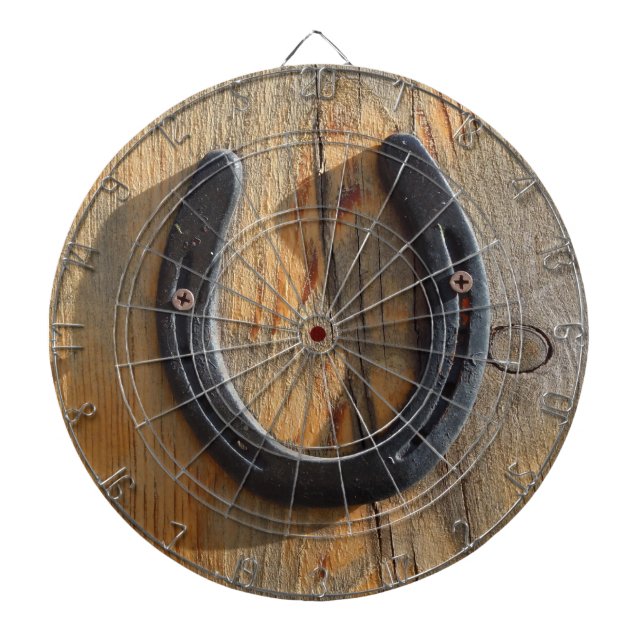 Cute Rustic Western Good Luck Horseshoe Wood Look Dartboard (Front)
