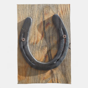 Cute Rustic Western Good Luck Horseshoe Wood Look Tea Towel