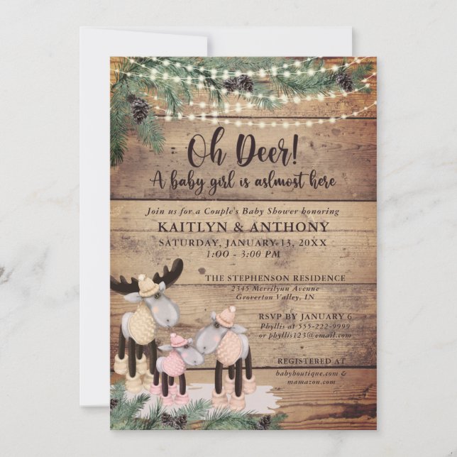Cute Rustic Winter Deer Couple Baby Girl Shower Invitation (Front)