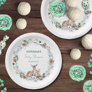 Cute Rustic Winter Woodland Animals Baby Shower Paper Plate