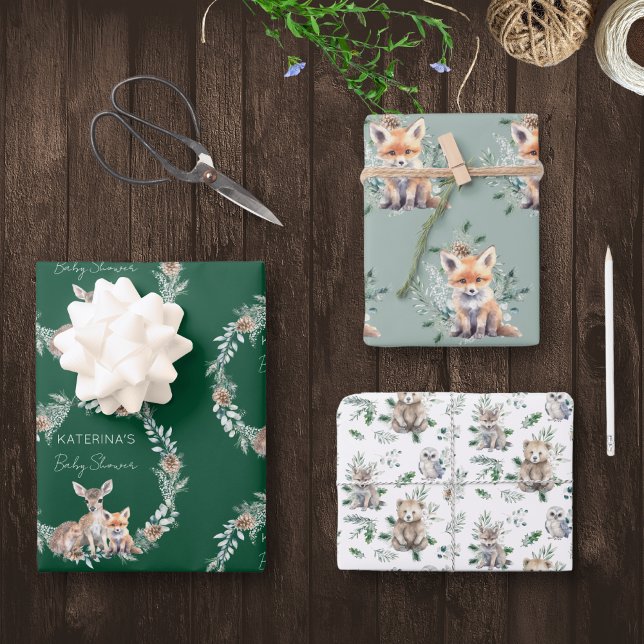 Cute Rustic Winter Woodland Animals Baby Shower Wrapping Paper Sheet (This cute set of baby shower gift wrap features woodland animals and winter greenery.)