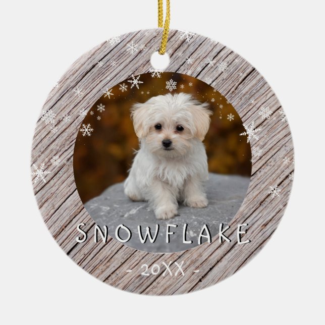 Cute Rustic Wood Dog Puppy 1st Christmas Photo Ceramic Ornament (Front)