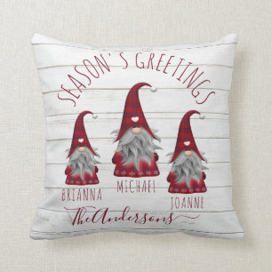 Cute Rustic Wood Plaid Christmas Family Gnomes Cushion