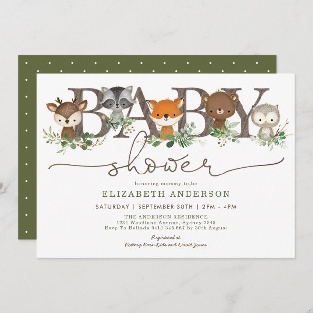 Cute Rustic Woodland Animals Botanical Baby Shower Invitation (Front/Back)