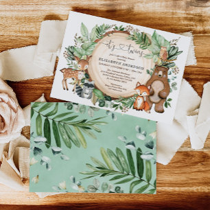 Cute Rustic Woodland Animals Twin Baby Shower Invitation