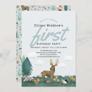 Cute & Rustic Woodland Forest Animals 1st Birthday Invitation
