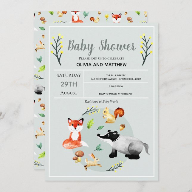 Cute Rustic Woodland Forest Animals Baby Shower Invitation (Front/Back)
