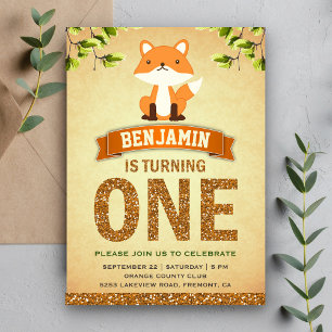 Cute Rustic Woodland Fox First Birthday Invitation