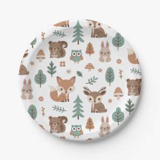 Cute Rustic Woodlands Animals Pattern Baby Shower Paper Plate