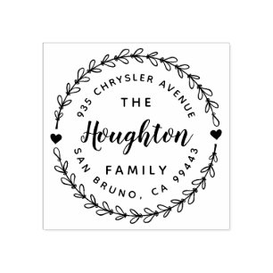 Cute Rustic Wreath & Hand Lettered Script Address Rubber Stamp