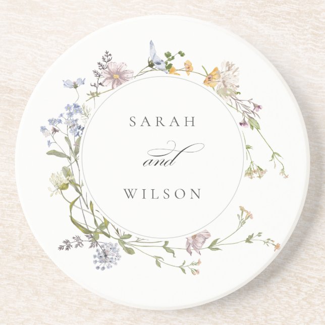 Cute Rustic Yellow Meadow Floral Wreath Wedding Coaster (Front)