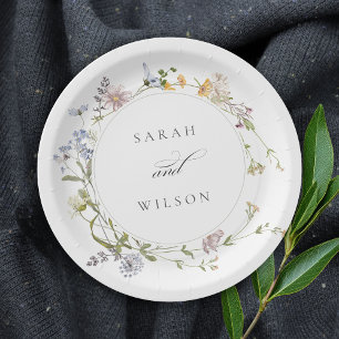 Cute Rustic Yellow Meadow Floral Wreath Wedding Paper Plate