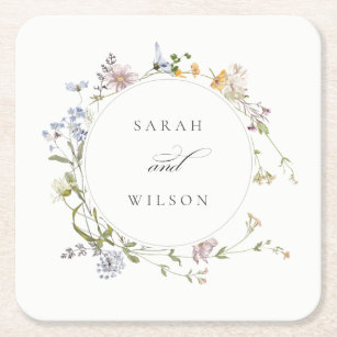 Cute Rustic Yellow Meadow Floral Wreath Wedding Square Paper Coaster