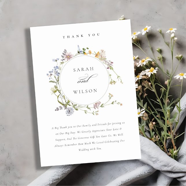 Cute Rustic Yellow Meadow Floral Wreath Wedding Thank You Card (Creator Uploaded)