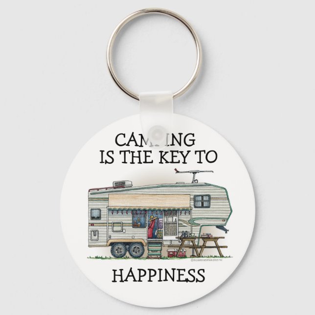 Cute RV Vintage Fifth Wheel Camper Travel Trailer Key Ring (Front)