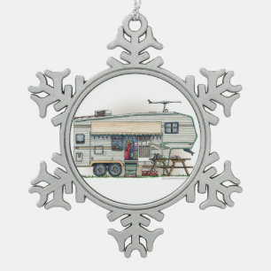 Cute RV Vintage Fifth Wheel Camper Travel Trailer Snowflake Pewter Christmas Ornament