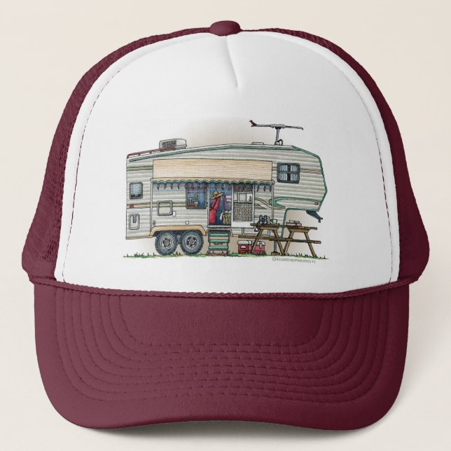 Cute RV Vintage Fifth Wheel Camper Travel Trailer Trucker Hat (Front)