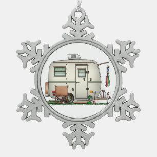 Cute RV Vintage Glass Egg Camper Travel Trailer Snowflake Pewter Christmas Ornament