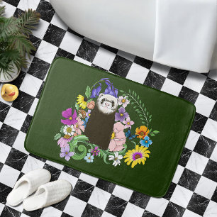 Cute Sable Ferret Wildflowers Green Woodland Bath Mat