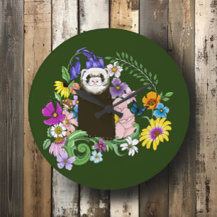 Cute Sable Ferret Wildflowers Green Woodland Large Clock