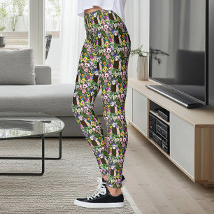 Cute Sable Ferret Wildflowers Green Woodland Leggings