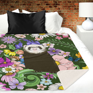 Cute Sable Ferret Wildflowers Green Woodland Sherpa Blanket