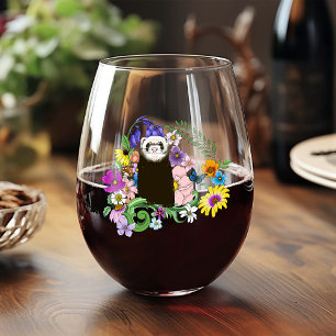 Cute Sable Ferret Wildflowers Green Woodland Stemless Wine Glass