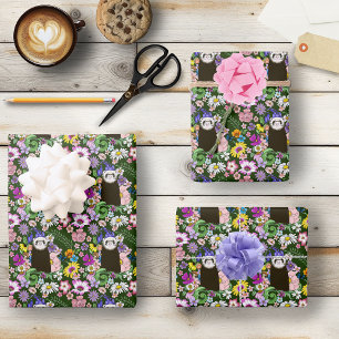 Cute Sable Ferret Wildflowers Green Woodland Wrapping Paper Sheet