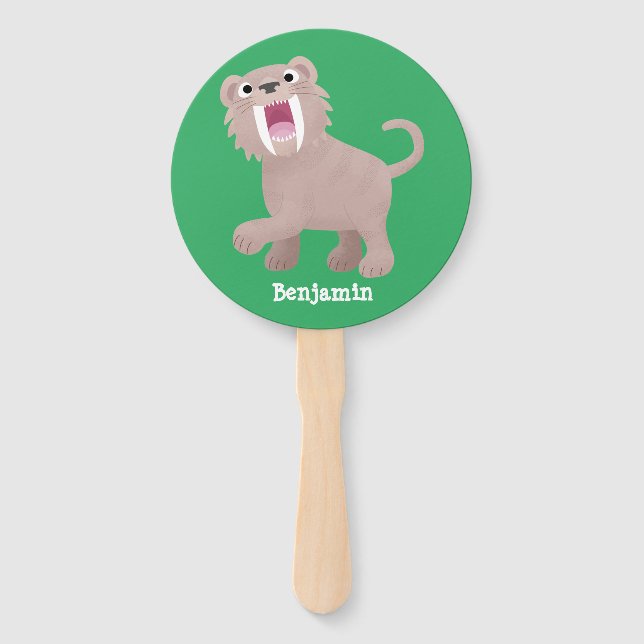 Cute Sabre Toothed Tiger Smilodon cartoon Hand Fan (Front)