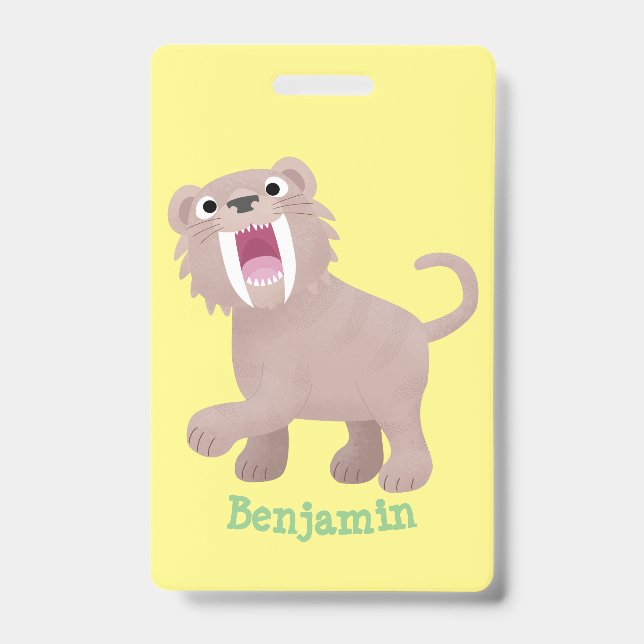 Cute Sabre Toothed Tiger Smilodon cartoon ID Badge (Front)