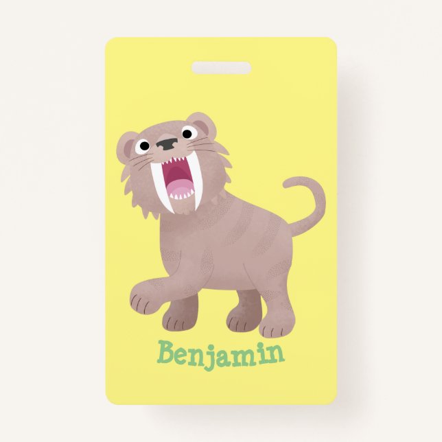 Cute Sabre Toothed Tiger Smilodon cartoon ID Badge (Front)