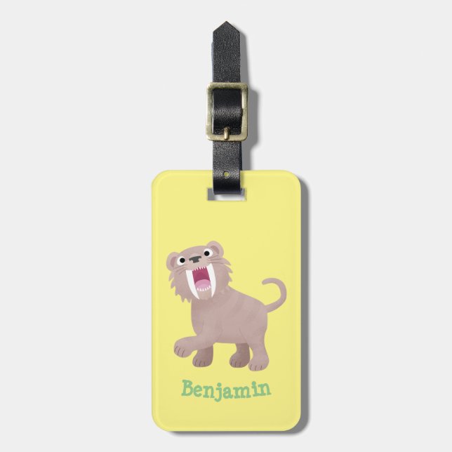 Cute Sabre Toothed Tiger Smilodon cartoon Luggage Tag (Front Vertical)