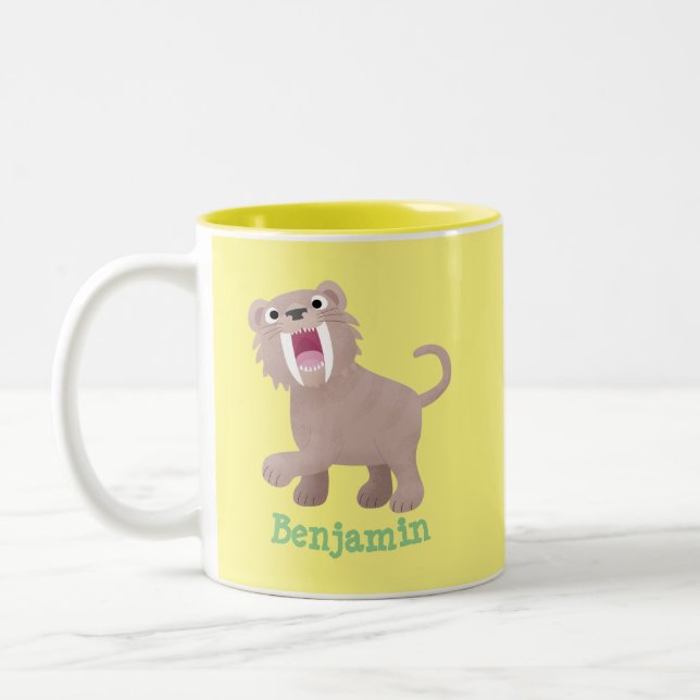 Cute Sabre Toothed Tiger Smilodon cartoon Two-Tone Coffee Mug (Left)