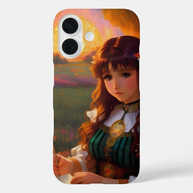 Cute Sad Anime Style Woman in Meadow at Sunset Case-Mate iPhone Case (Back)