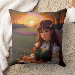 Cute Sad Anime Style Woman in Meadow at Sunset Cushion