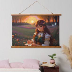 Cute Sad Anime Style Woman in Meadow at Sunset Hanging Tapestry