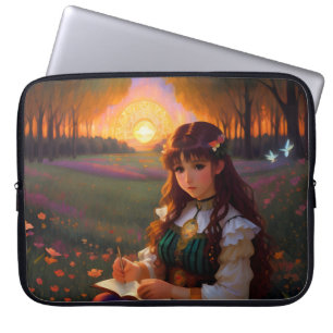 Cute Sad Anime Style Woman in Meadow at Sunset Laptop Sleeve