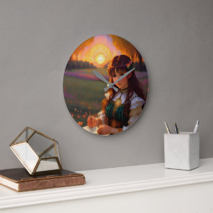 Cute Sad Anime Style Woman in Meadow at Sunset Large Clock