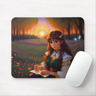 Cute Sad Anime Style Woman in Meadow at Sunset Mouse Pad