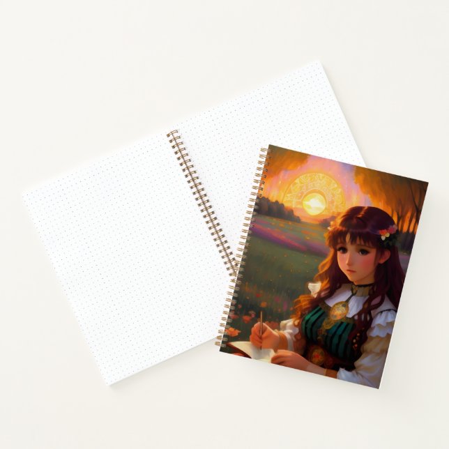 Cute Sad Anime Style Woman in Meadow at Sunset Notebook (Inside)