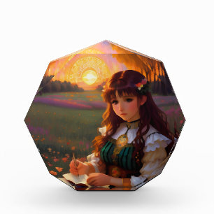 Cute Sad Anime Style Woman in Meadow at Sunset Photo Block