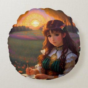 Cute Sad Anime Style Woman in Meadow at Sunset Round Cushion