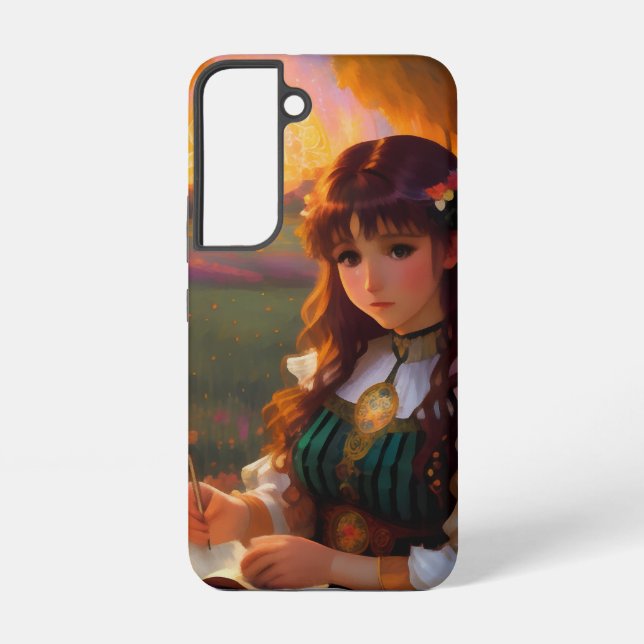 Cute Sad Anime Style Woman in Meadow at Sunset Samsung Galaxy S22 Case (Back)