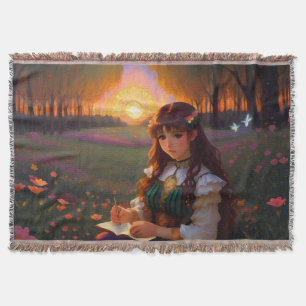 Cute Sad Anime Style Woman in Meadow at Sunset Throw Blanket